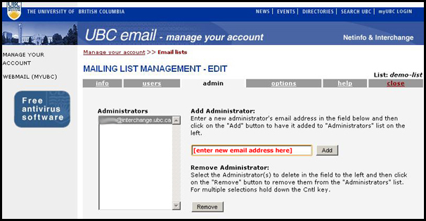 Interchange Mailing List Admin Page