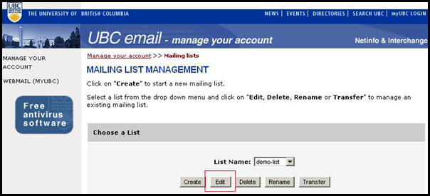 Interchange Mailing List Edit Page