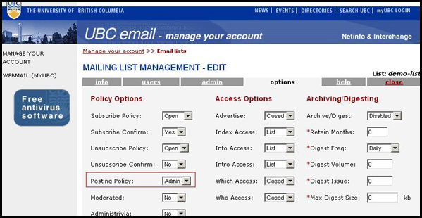 Interchange Mailing List Options Page