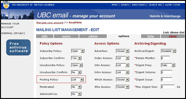 Interchange Mailing List Options Posting Policy Page