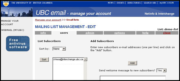 Interchange Mailing List Users Page