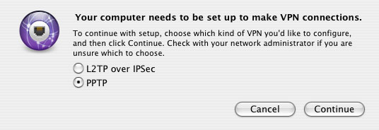 Screen shot of prompt to configure computer for VPN