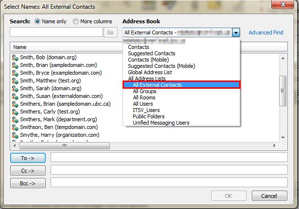 Outlook External Contact Drop Down Menu